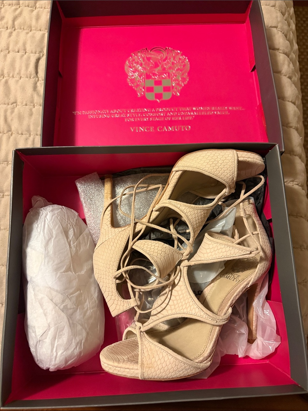 Vince Camuto Neutral Beige Lace-Up Stiletto Heels